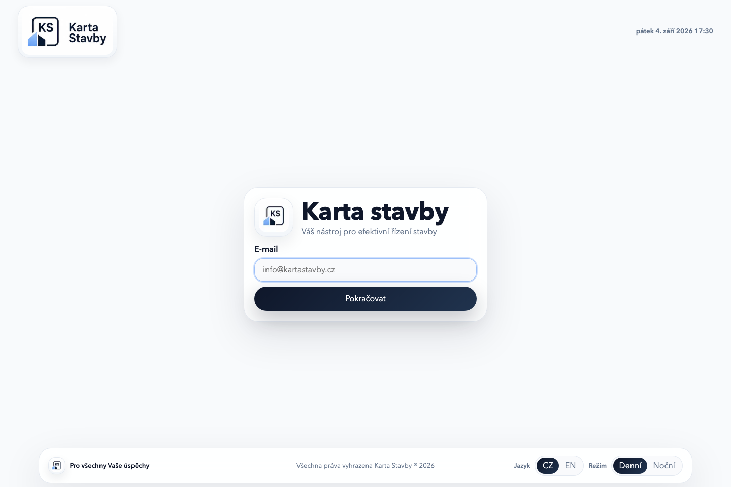 Přihlášení do Karty Stavby. Ukázku práce se zakázkami domluvíme individuálně.