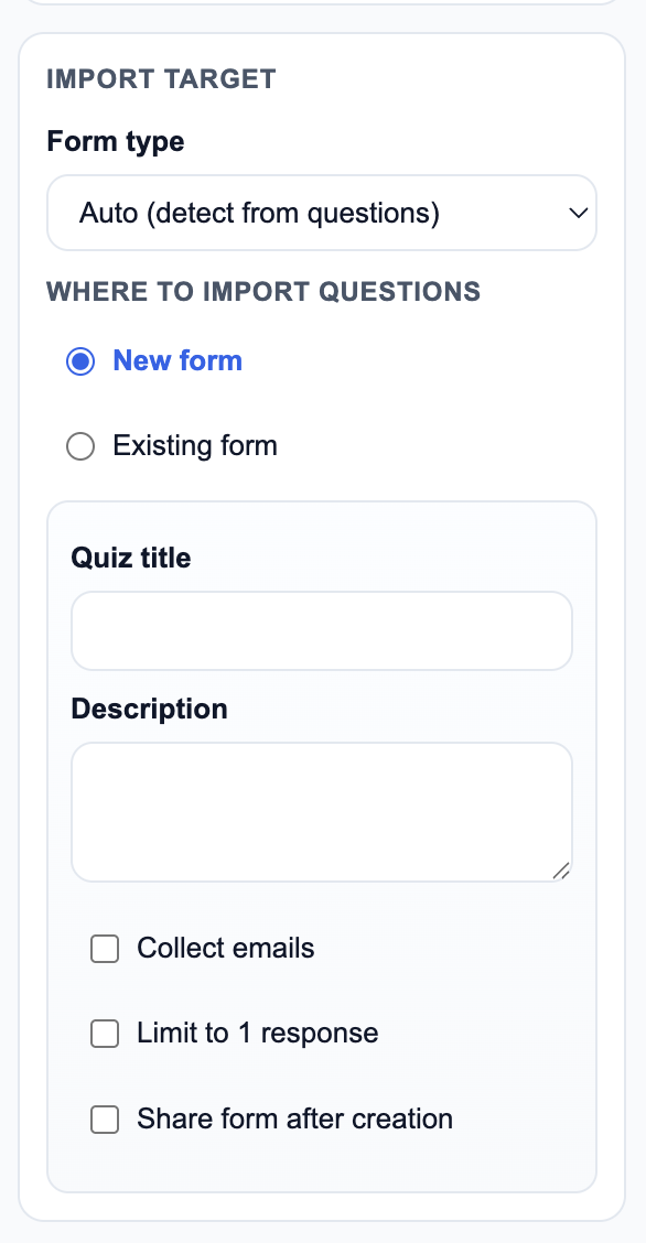 Tab2Quiz form settings screenshot